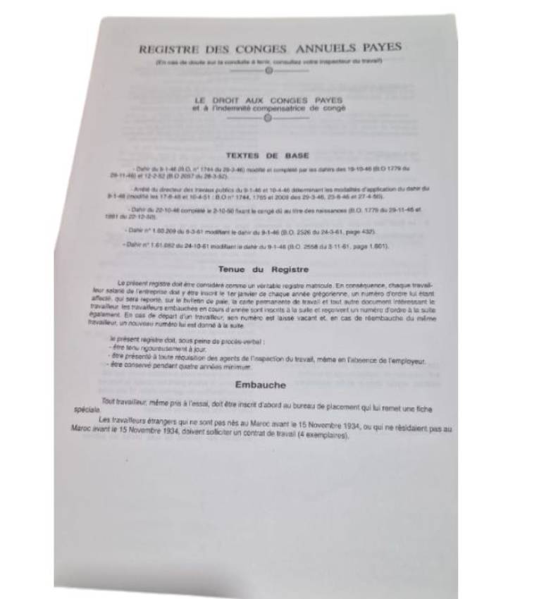 Registre des Congés Payés 40 pages recto verso